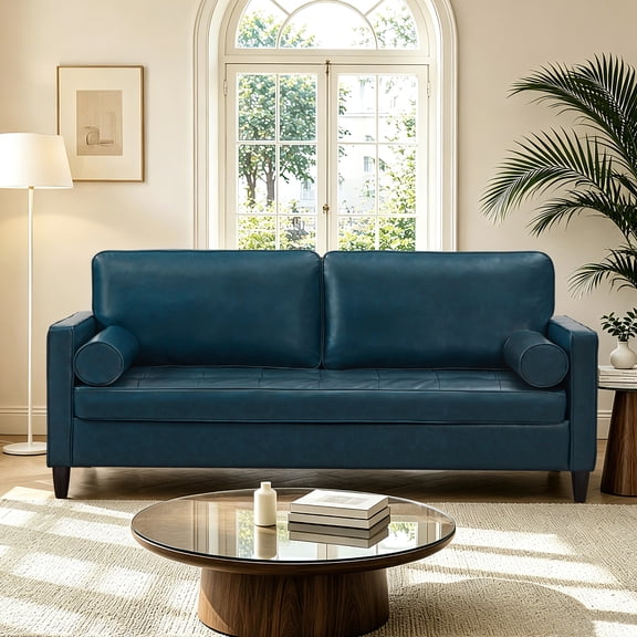 Leumius 74.5"W 3-Seater Sofa Loveseat Sofa Faux Leather Breathable Upholstered Sofa Couch with Solid Wood Legs for Living Room, Apartment & Office,Navy Blue