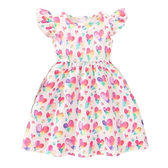 Gelikeya Toddler Little Girl Easter Summer Dresses Kids Cute Heart Printed Casual Flutter Sleeve Tiered Smock Dress 2-10 Years Pink, 6-7 Years