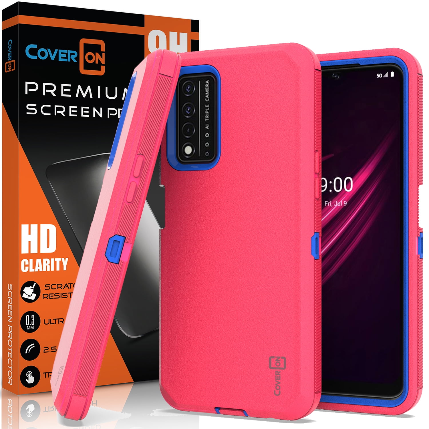 CoverON For T-Mobile Revvl V+ 5G / Metro by TMobile Revvl V Plus Case with  Screen Protector Tempered Glass, Military Grade Heavy Duty Full Body Phone  Cover, Hot Pink 