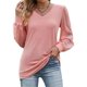 thumbnail image 1 of Camiseta de mujer shaofei de manga larga con escote en V y mangas abullonadas de malla rosa, 1 of 5