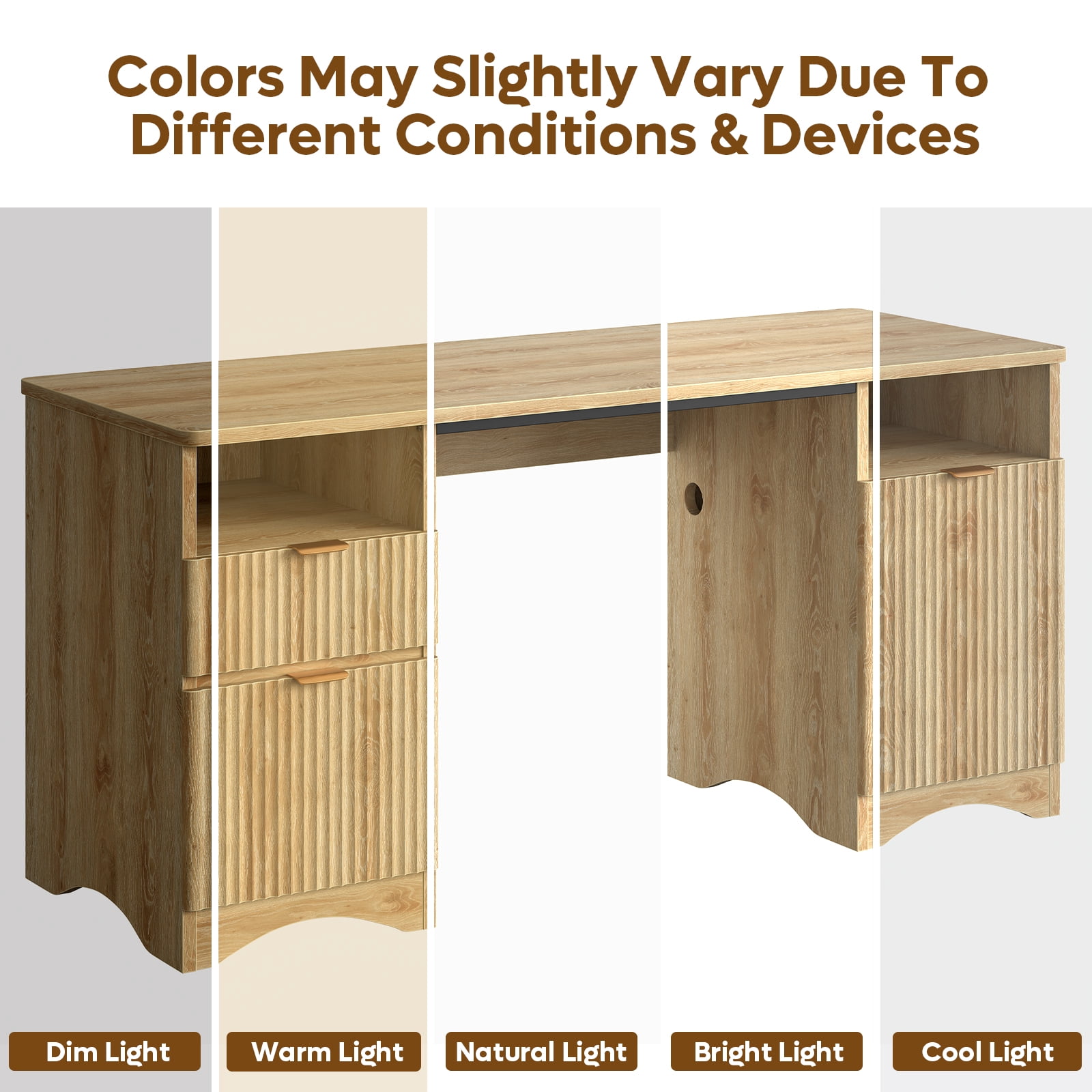 Bestier 59" Modern Executive Desk with Storage, Wood Home Office Desk with 2 Drawers & 3 Cabinet, Fluted Computer Writing Desk for Study, Living Room, Bedroom, Oak