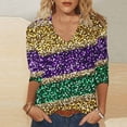 thumbnail image 2 of Tmtolofot Women Strip Glitter Printed Shirts Mardi Gras Tshirts Casual Crewneck 3/4 Sleeve Blouses Comfotable Pullover Tops for Women,#3_Purple,4X-Large, 2 of 4