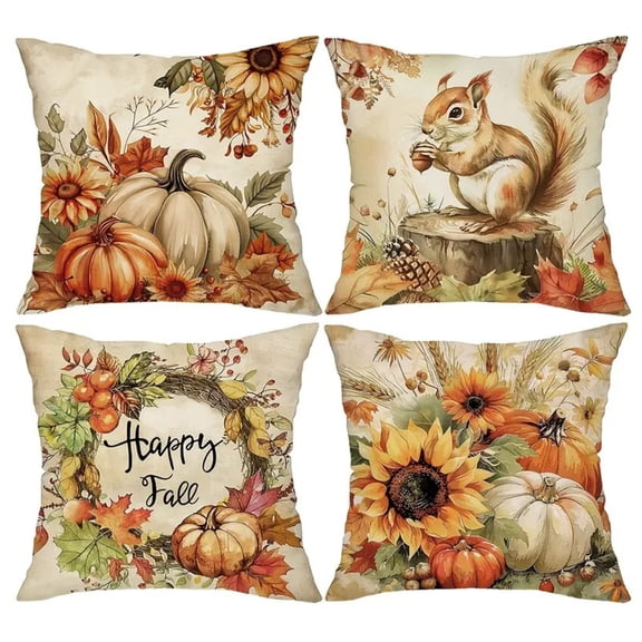 Orange Pumpkin Fall Throw Pillow Covers Set of 4 18x18 Inch, Wreath Decorative Holiday Pillow Case Autumn Cushion Covers Thanksgiving Pillowcase for Indoor Home Couch Sofa Decor
