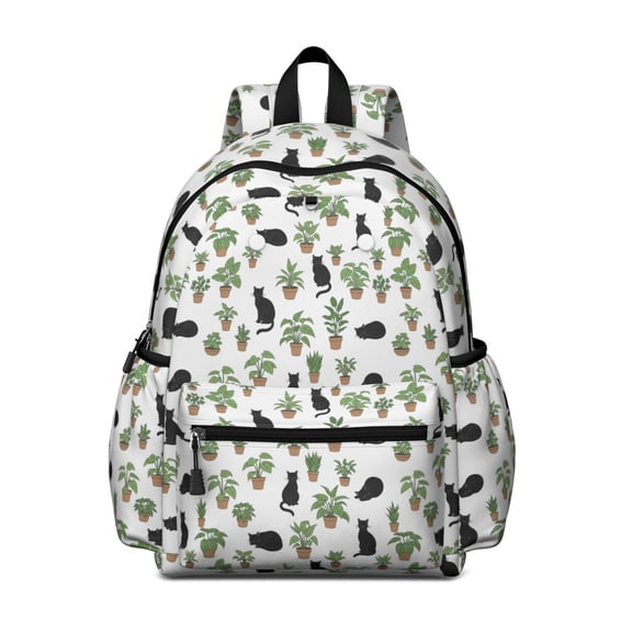 Black Cat and Plant White Pattern Cute School Backpack with Padded Back and Adjustable Shoulder Straps 13.4"x11"x4.7"