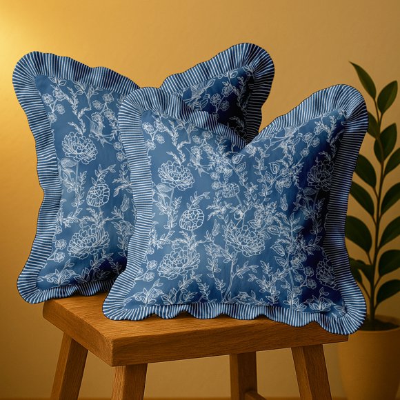 Premium Cotton Frill Cushion Covers - Vargottam Set of 2, 16x16 Inches, Double Printed, Floral Design, Durable Twill Fabric, Farmhouse Look, No Fillers