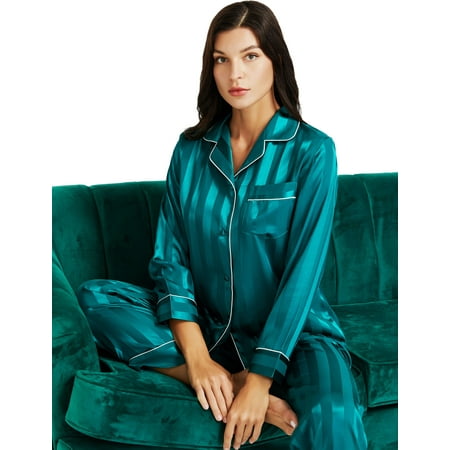 

LONXU Women s Satin Pajamas Long Sleeve With Long Pajama Pant Set Silk Soft Lounge Sets Button Down sleepwear 2 Piece Pjs Set Nightwear Set XS-XXXL