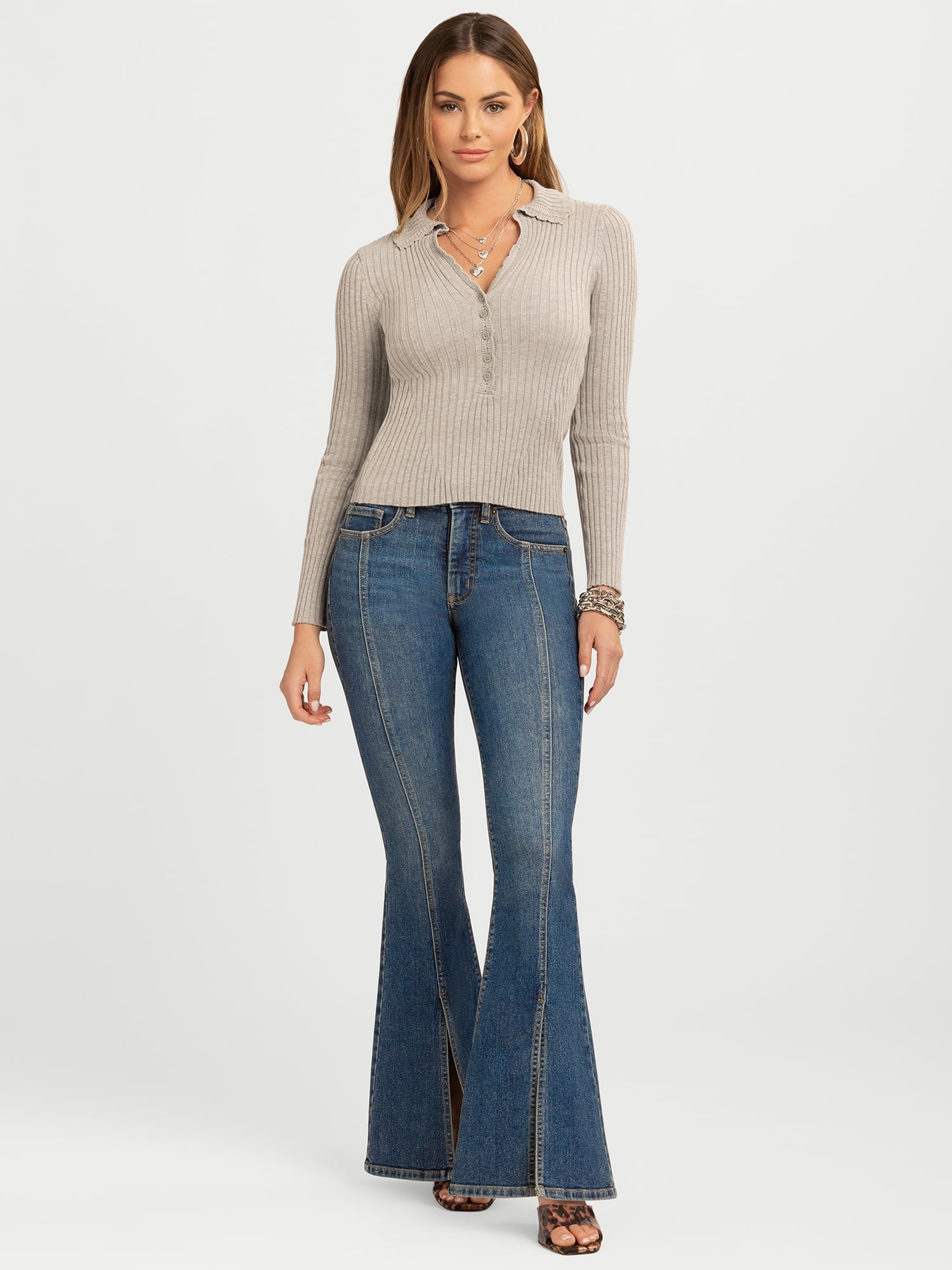 Jessica Simpson Women's and Women's Plus Luanne Polo Sweater with Long Sleeves, Lightweight, Sizes XS-4X