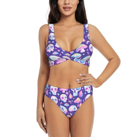 Zeuib Skull mushroom colorful High Waisted Tummy Control Bikini Set - Knot Front Push Up Top & Cheeky Thong Bottom  Two-Piece Swimsuit for Women-Large