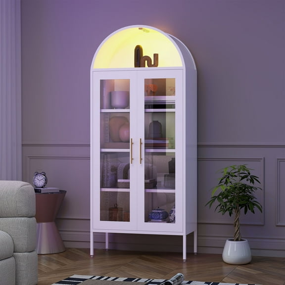 ModFusion 71" Arched Glass Display Cabinet, White Metal Storage with Adjustable Shelves & Induction Light