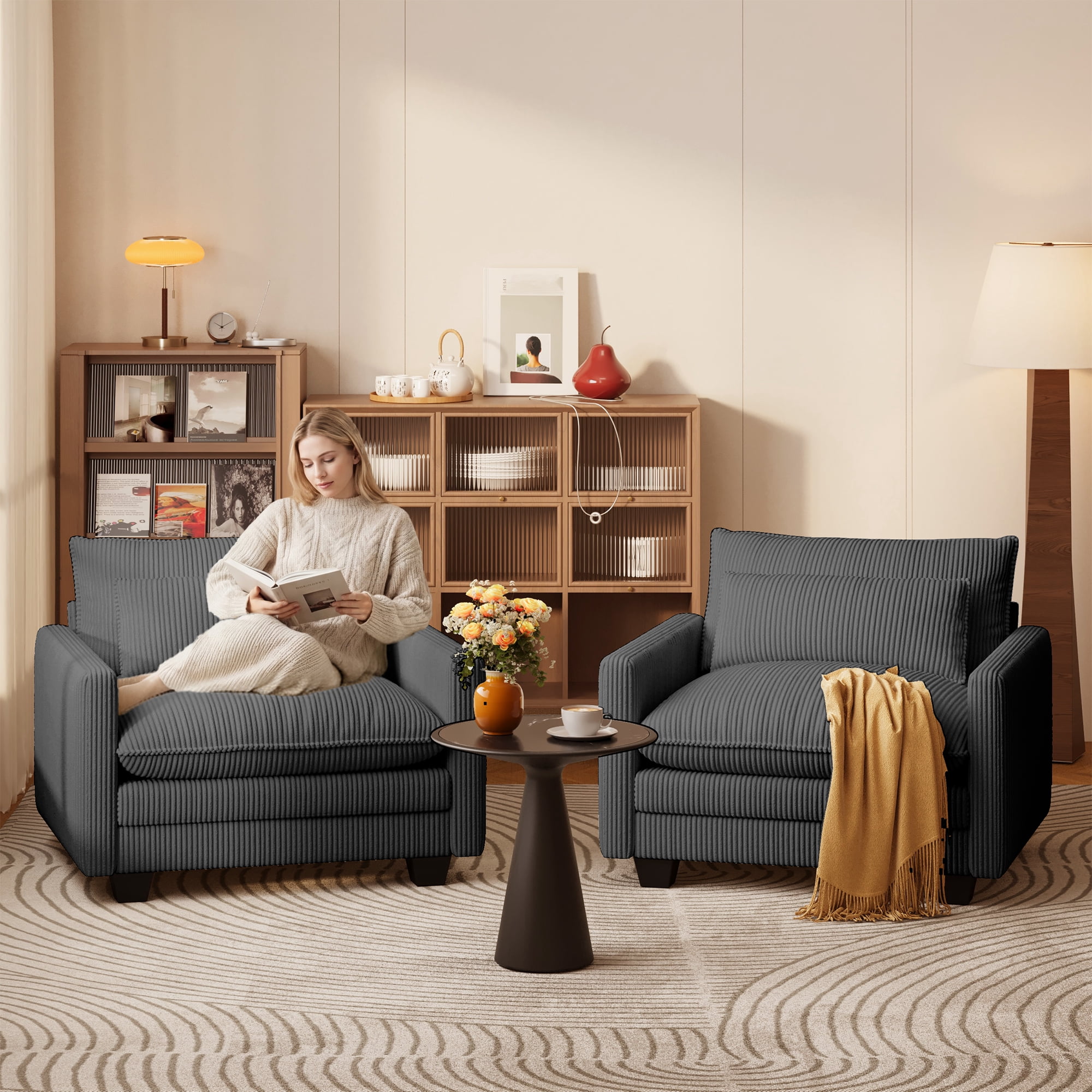 Cloud Accent Chair, Corduroy Single Sofa Chair, Cloud Deep Seat Armchair with Removable Washable Zipper Cover, Memory Foam Cushion with Pillow, Modern Leisure Lounge Chair for Living Room , Dark Gray
