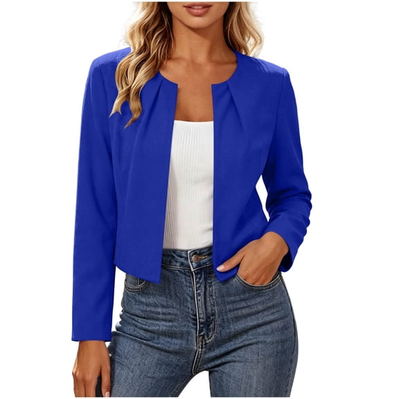 AKOEE Women's Crop Cardigans Open Front Dressy Casual Slim Fit Long Sleeve Short Outerwear Coat with Pleats (L, Blue)
