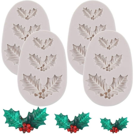 

4 Pieces Christmas Holly Leaves Silicone Mold Leaf Shaped Fondant Mold Chocolate Dessert Molds for Baking Chocolate Candy Sugar Cake Decorations