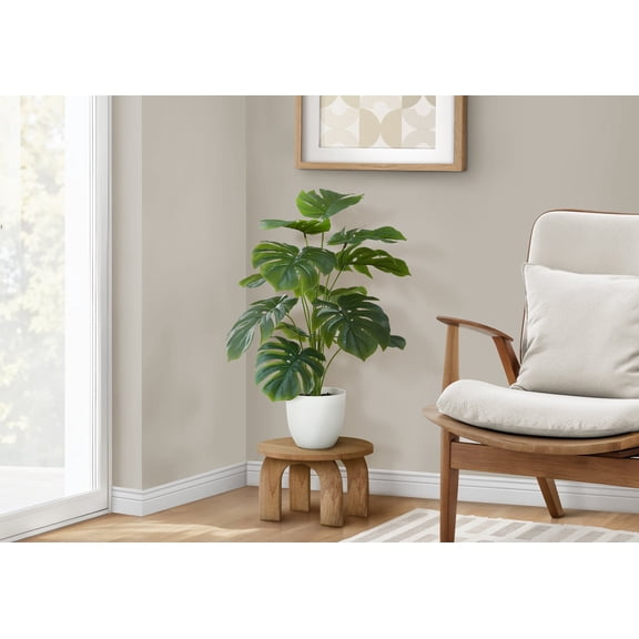 Indoor Plants Artificial Plant, 24" Tall, Monstera, Indoor, Faux, Fake, Table, Greenery, Potted, Real Touch, Decorative, Green Leaves, White Pot,Artificial Flowers