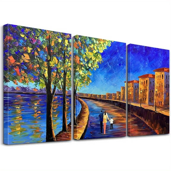 3pcs Framed Night Wall Art, Oil Painted Landscape Poster, Family of Three Walking Canvas Art Painting, Modern Painting, Decorative Art, Room Aesthetics, Home Decoration, Gifts, Suitable for Living R