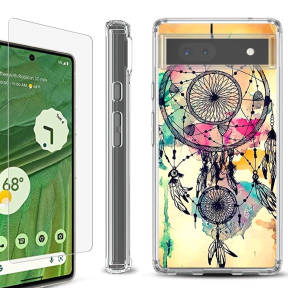 Shockproof Bumper Phone Case for Google Pixel 6a, with Tempered Glass Screen Protector, by OneToughShield ® - Dream Catcher Color