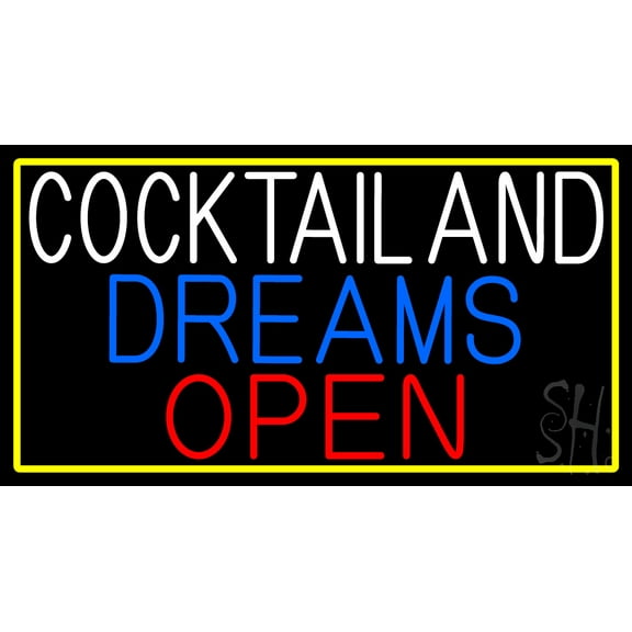 Cocktail And Dreams Open With Yellow Border LED Neon Sign 20 x 37 - inches, Clear Edge Cut Acrylic Backing, with Dimmer - Bright and Premium built indoor LED Neon Sign for Bar decor.
