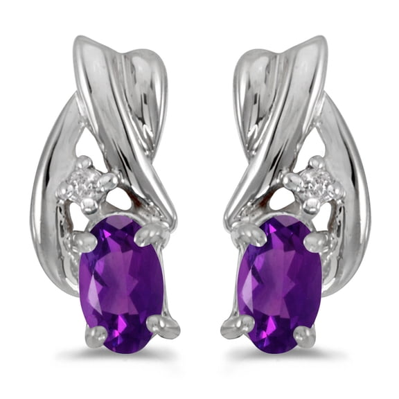 10k White Gold Oval Amethyst And Diamond Earrings