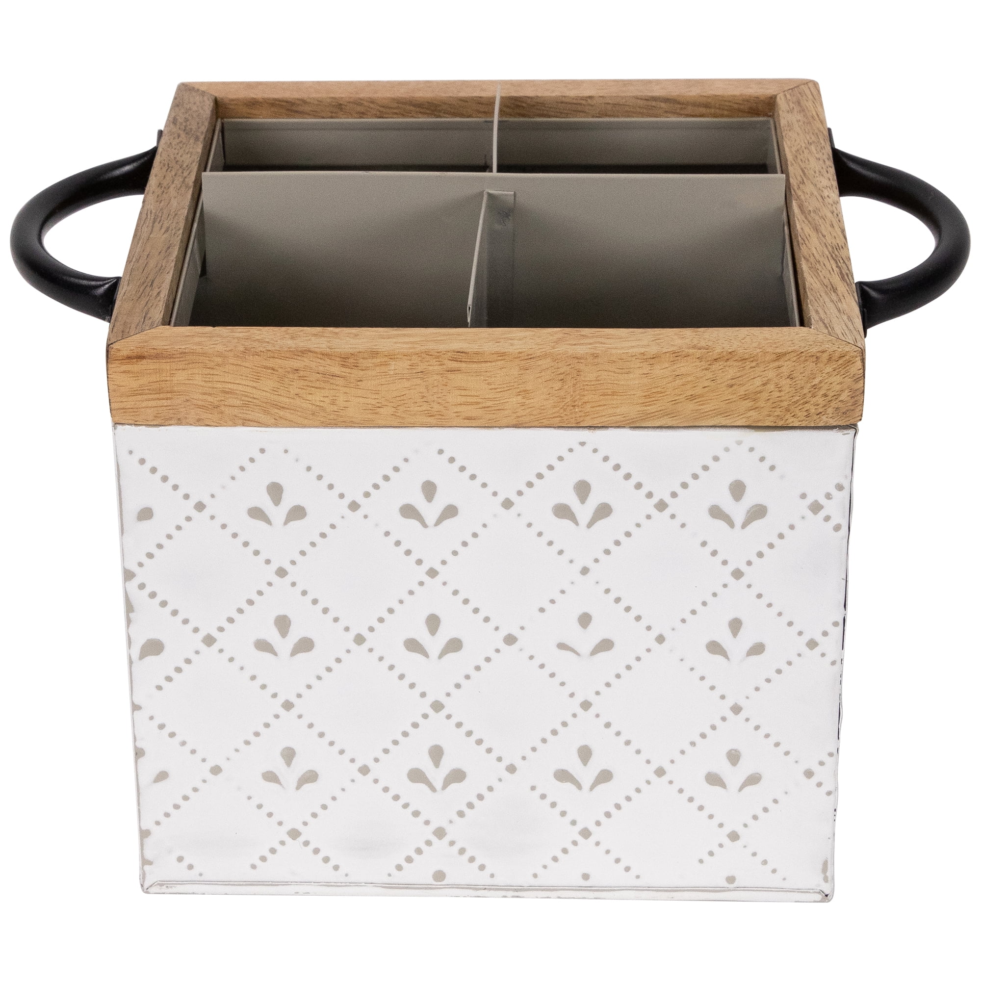 Northlight 7" White Embossed Square Utensil Storage Box with Wooden Frame