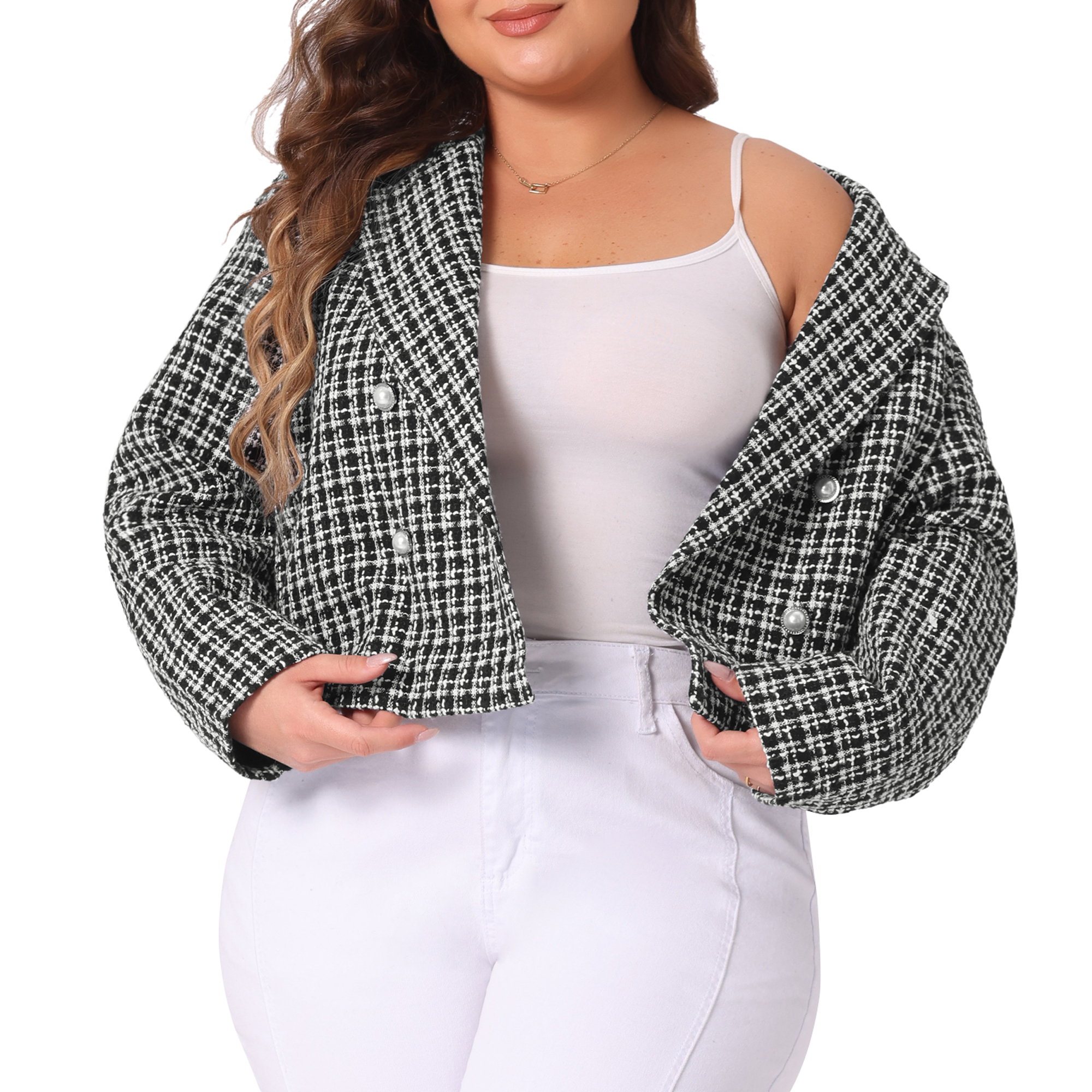 DARING DIVA Women's Plus Tweed Blazer Jacket Notched Lapel Business Black 3X