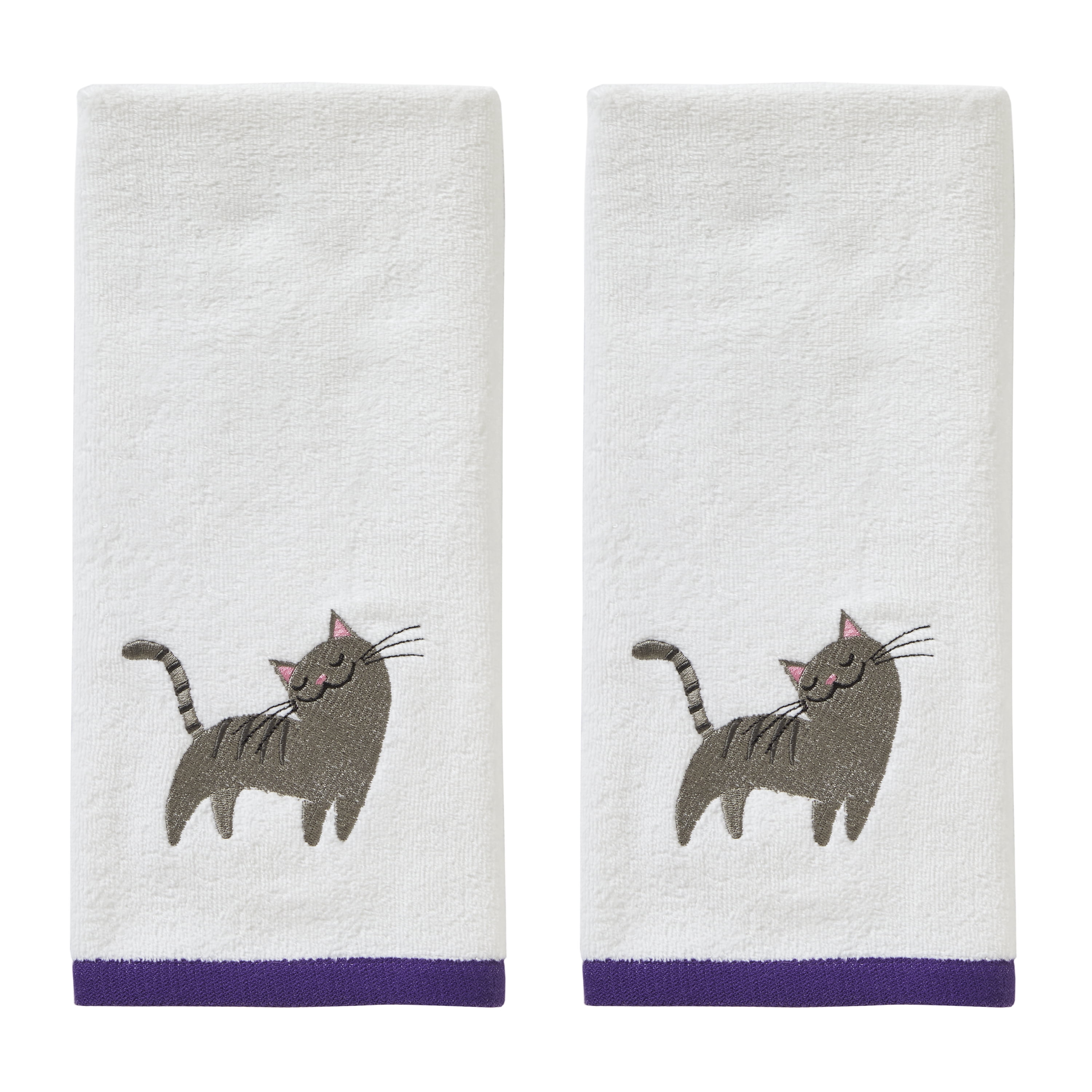 HANG IN THERE CAT SET OF 2 HAND TOWELS EMBROIDERED by laura 