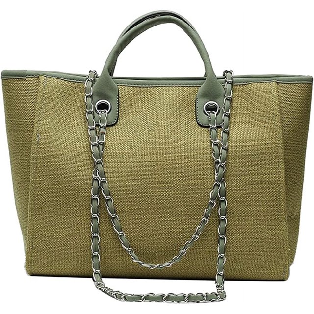 LinYooLi Women Canvas Handbag Large Capacity Chain Tote Bag PU Handle Shoulder Bag