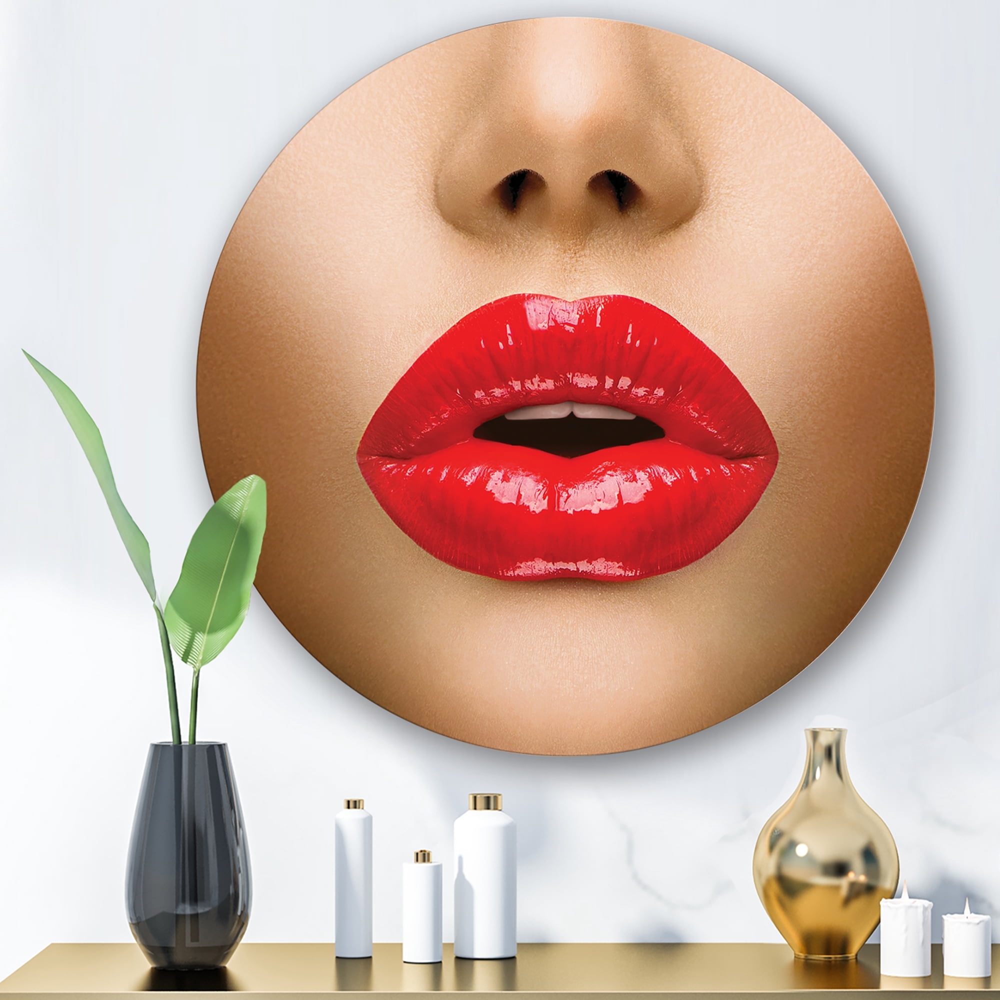 Designart 'Sexy Woman Lips Beautiful Make-Up Close-Up Kiss' Modern Circle Metal Wall Art 11x11 - Disc of 11