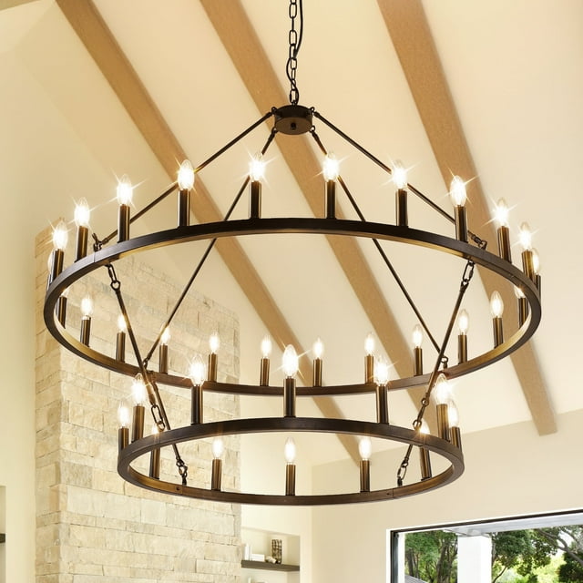 LovingAHome Farmhouse 47.2" 2 Layer 36-Light Large Black Wagon Wheel Chandelier for Porch, Dining Room, Living Room, and High Ceilings
