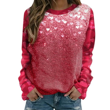 

Womens Long Sleeves Blouse Valentine s Day Fashion Love Printing Patchwork Sleeve Pullover Casual Loose Round Neck Ladies Tunics Sweatshirt Top
