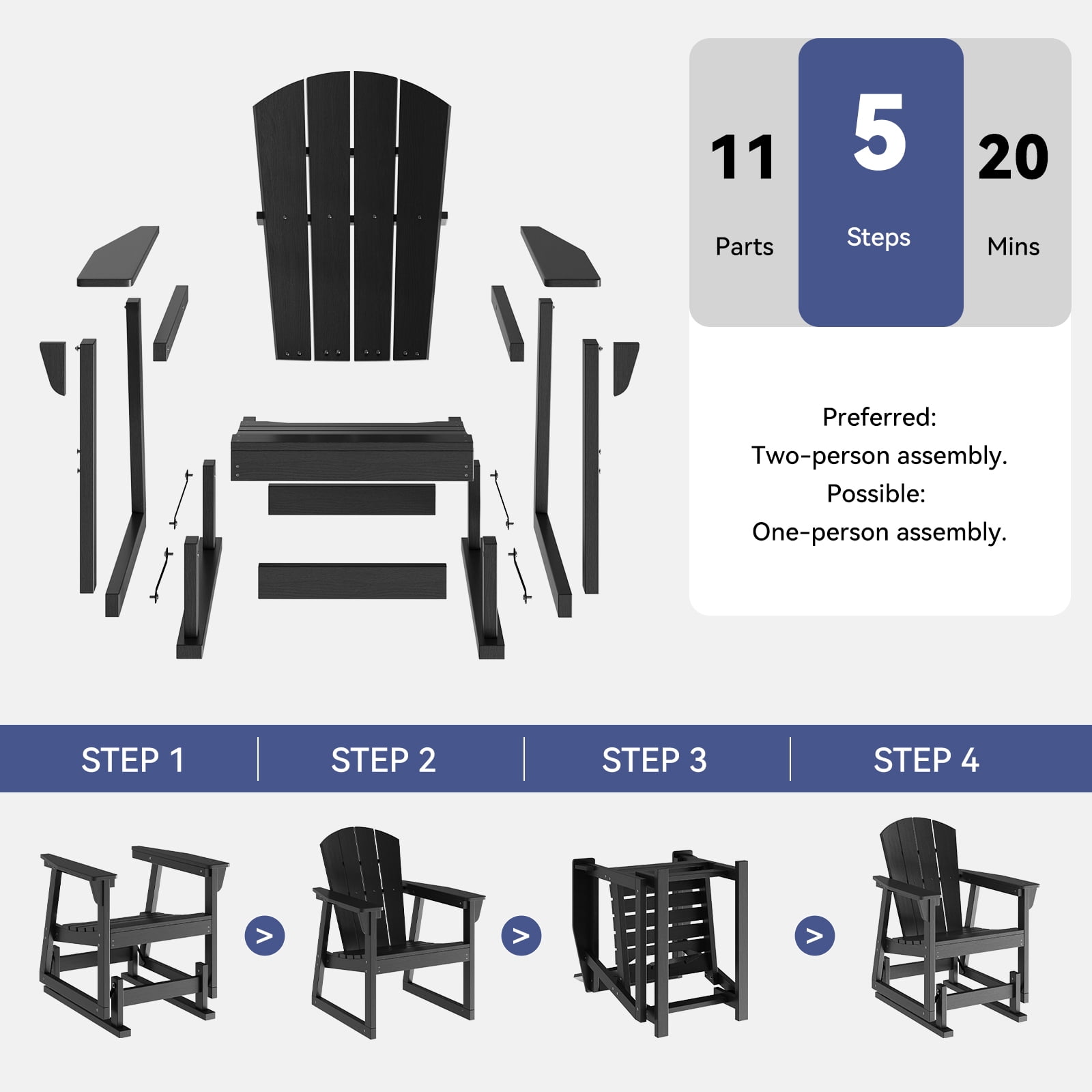 BaPiPro HDPE Adirondack Outdoor Glider Chair, Ergonomic High Back Wide Armrests All-Weather Patio Rocking Chair for Lawn Garden Porch Backyard, Gray
