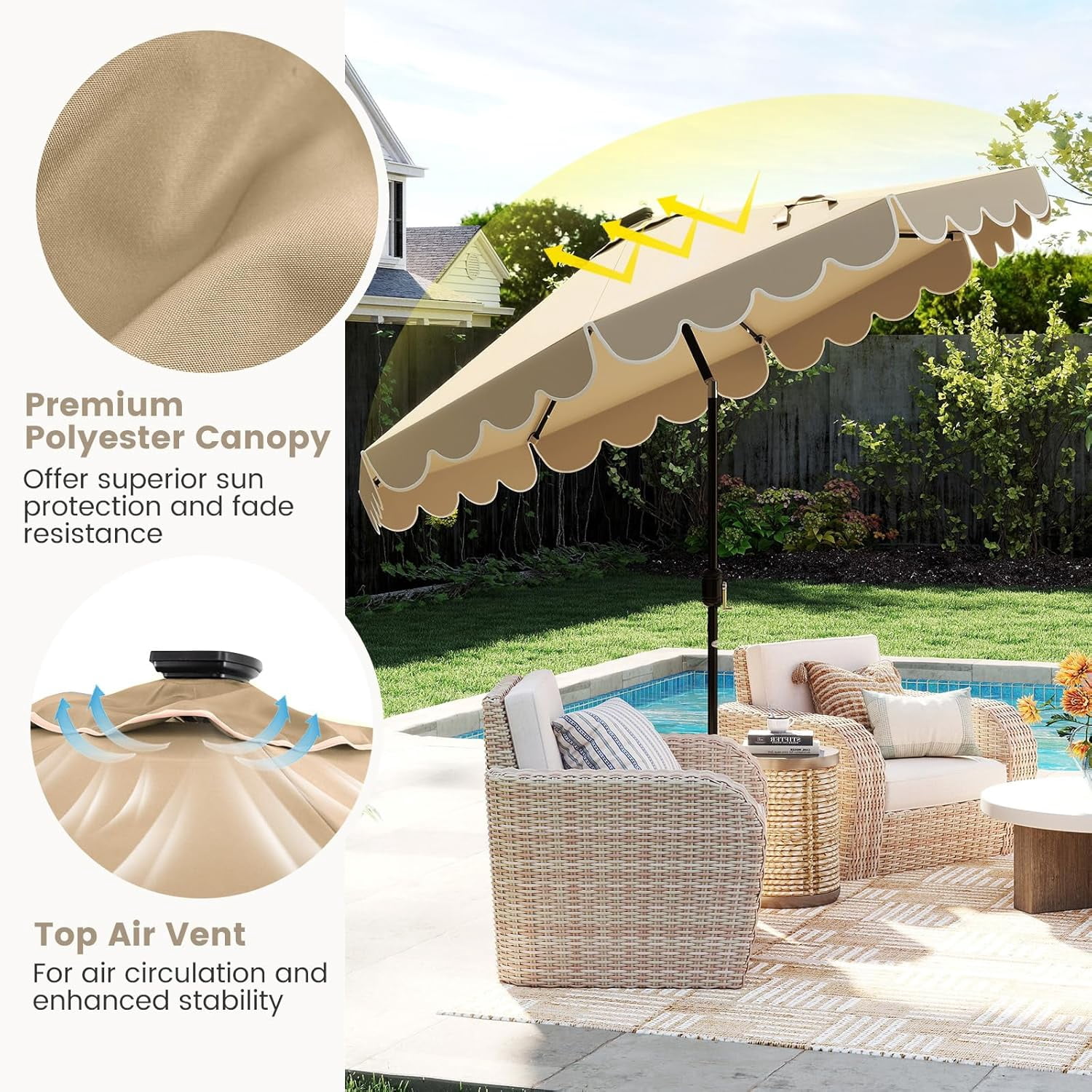 ZYPPP  9 FT Solar Patio Umbrella, 2-Tiers Scalloped Outdoor Table Market Umbrella with 32 LED Lights, Vented Top, Tilt Adjustment, Crank, 8 Ribs for Backyard Poolside Deck Beach Lawn (Coffee)
