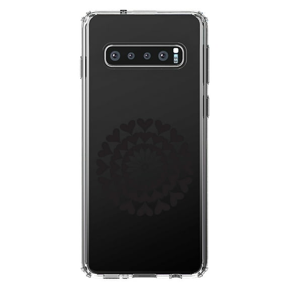DistinctInk Clear Shockproof Hybrid Case for Samsung Galaxy S10 (6.1" Screen) - TPU Bumper Acrylic Back Tempered Glass Screen Protector - Black Hearts Mandala