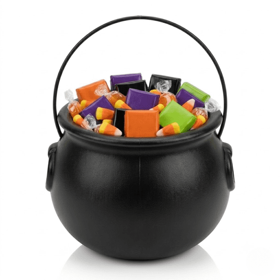 PMU Halloween Cauldron 6 Inch, Small Witch Plastic Cauldron Candy Bowl Black, For Halloween Decor pkg/1