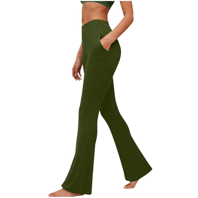Amzcrzy Leggings Acampanados Mujer S-2XL - Yoga, Cintura Alta Sin Costura Delantera, Muy Elásticos Cómodos, Color Liso, Bolsillos Verde