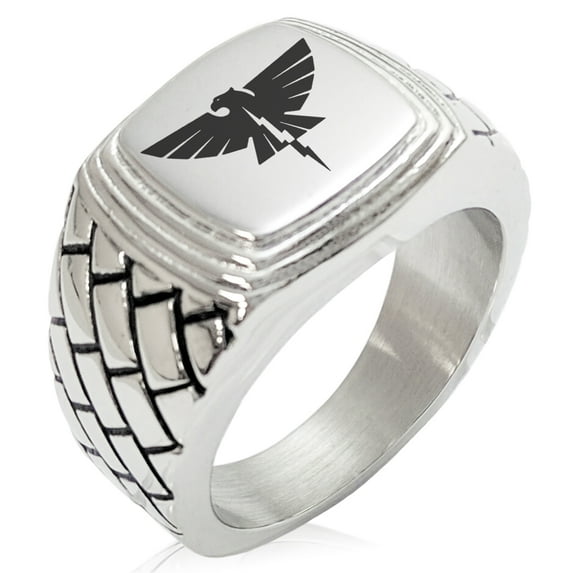Stainless Steel Zeus Greek God of Sky Geometric Pattern Step-Down Biker Style Polished Ring