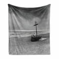 thumbnail image 1 of Shipwreck Soft Flannel Fleece Throw Blanket, Wreck Small Stranded Boat on Seaside Snow Clouds Windy Day Wave Picture, Cozy Plush for Indoor and Outdoor Use, 70" x 90", Black and White, by Ambesonne, 1 of 6