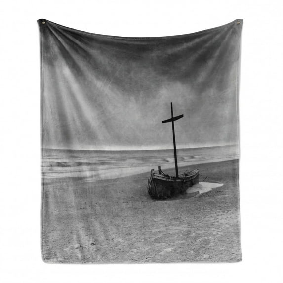Shipwreck Soft Flannel Fleece Throw Blanket, Wreck Small Stranded Boat on Seaside Snow Clouds Windy Day Wave Picture, Cozy Plush for Indoor and Outdoor Use, 70" x 90", Black and White, by Ambesonne