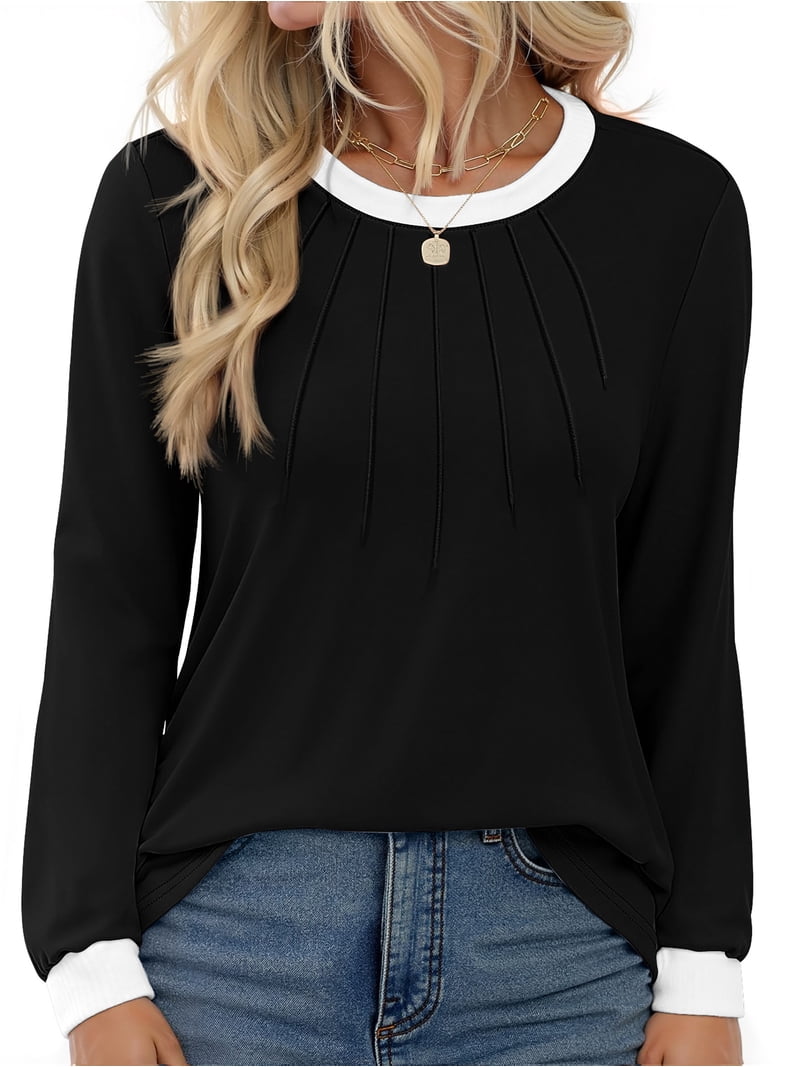 Fantaslook Women Blouses Color Block Long Sleeve Shirts Pleated Fall ...