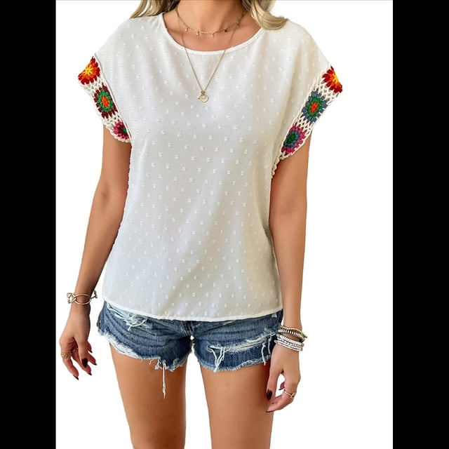 Blusas de Verano para Mujer, Blusas Bohemias para Mujer, Blusa Informal de Corta con Cuello Redondo de Color. S