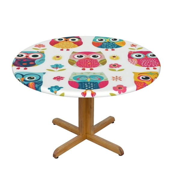 Cute Owl Pattern (4) Round Fitted Tablecloths Table Covers Wipeable Waterproof Elastic for Kitchen Dinning Parties Wedding Picnic Small Fits 40-44 Inch Table Size