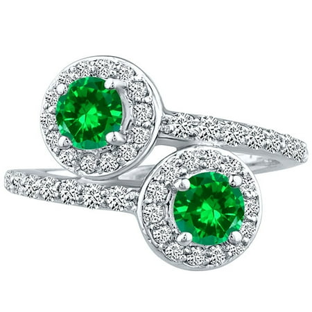 2.42 tcw Round Halo cr Emerald & Diamond Forever Wedding Ladies Ring Silver