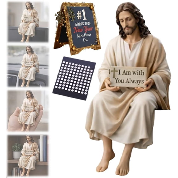 Jesus Resin Desk Companion Figurine, Handmade Sitting Jesus Christ Statue with "I Am with You Always" Sign, Unique Spiritual Religious Decorative Gift for Car Dashboard Home Office Table Decor