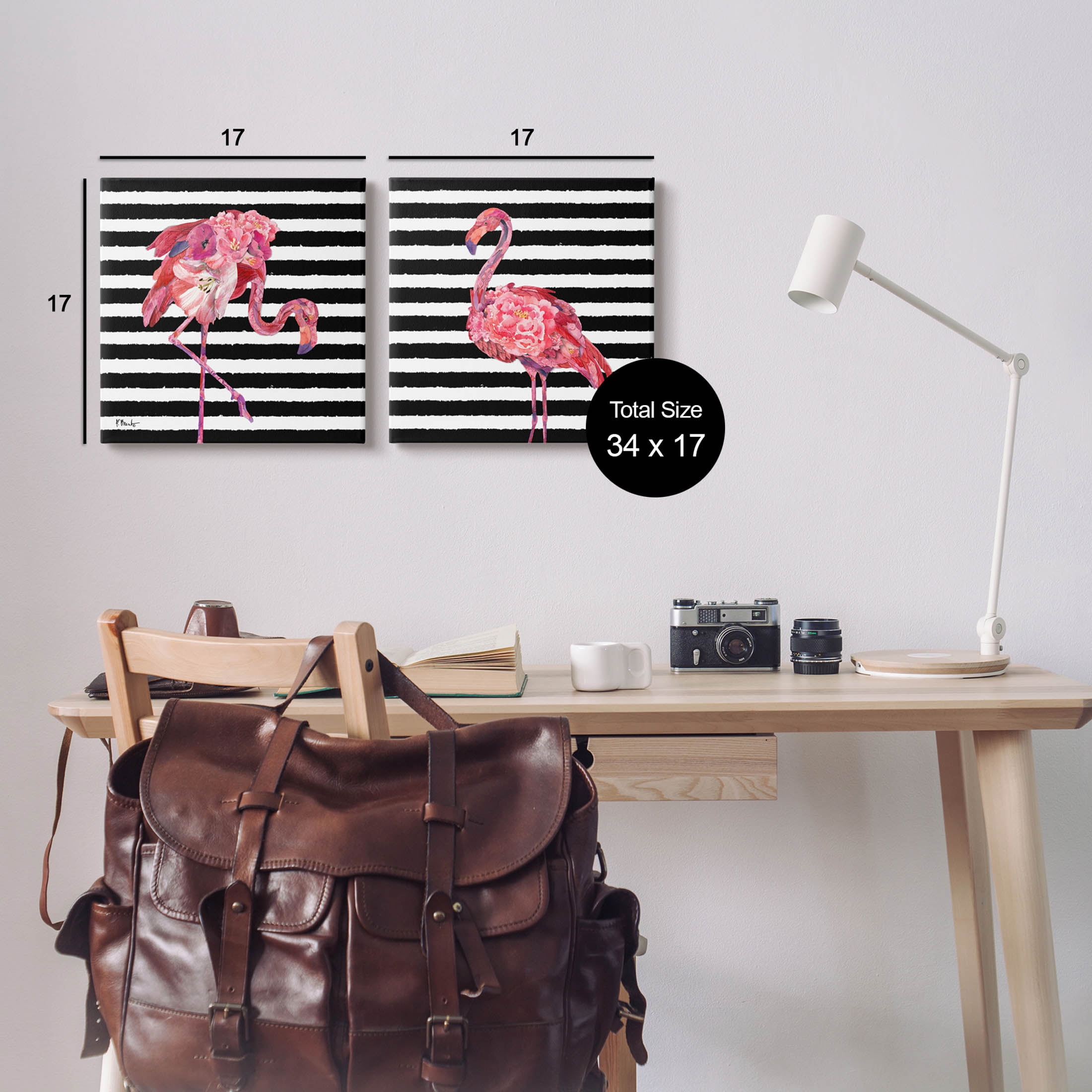 Bold Striped Flamingo Blossoms Animals & Insects Graphic Art Gallery Wrapped Canvas Print Wall Art, Set of 2