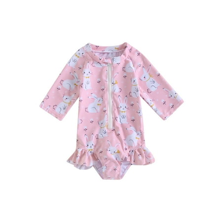 

Toddler Baby Girls Summer Zipper Swimwear 3/4 Sleeve Rabbit Print Ruffle Beachwear