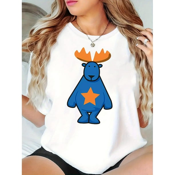 Camiseta de manga corta con cuello redondo y estampado navideño de alce y estrella, top deportivo informal de verano de manga corta con cuello redondo, ropa de mujer, estampado, tendencia de moda, cam