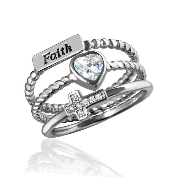 Clear Cubic Zirconia Triple Rope Bands FaithHeartCross Ring Rhodium Plated Sterling Silver Size 7