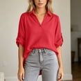 thumbnail image 4 of Vivianyo HD Women's Lace Detail Roll Tab Sleeve Blouse, V-Neck Casual Shirt for Women, Women's Red, Sizes S-4XL, 4 of 6