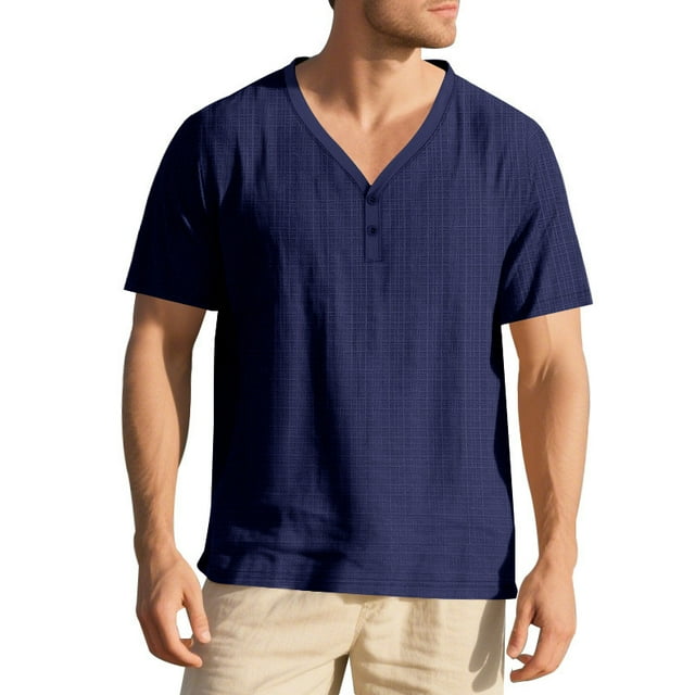 Dagugfen Mens Shirts Casual Button V Neck Loose Lightweight Work Travel Short Sleeve Tops Solid Color