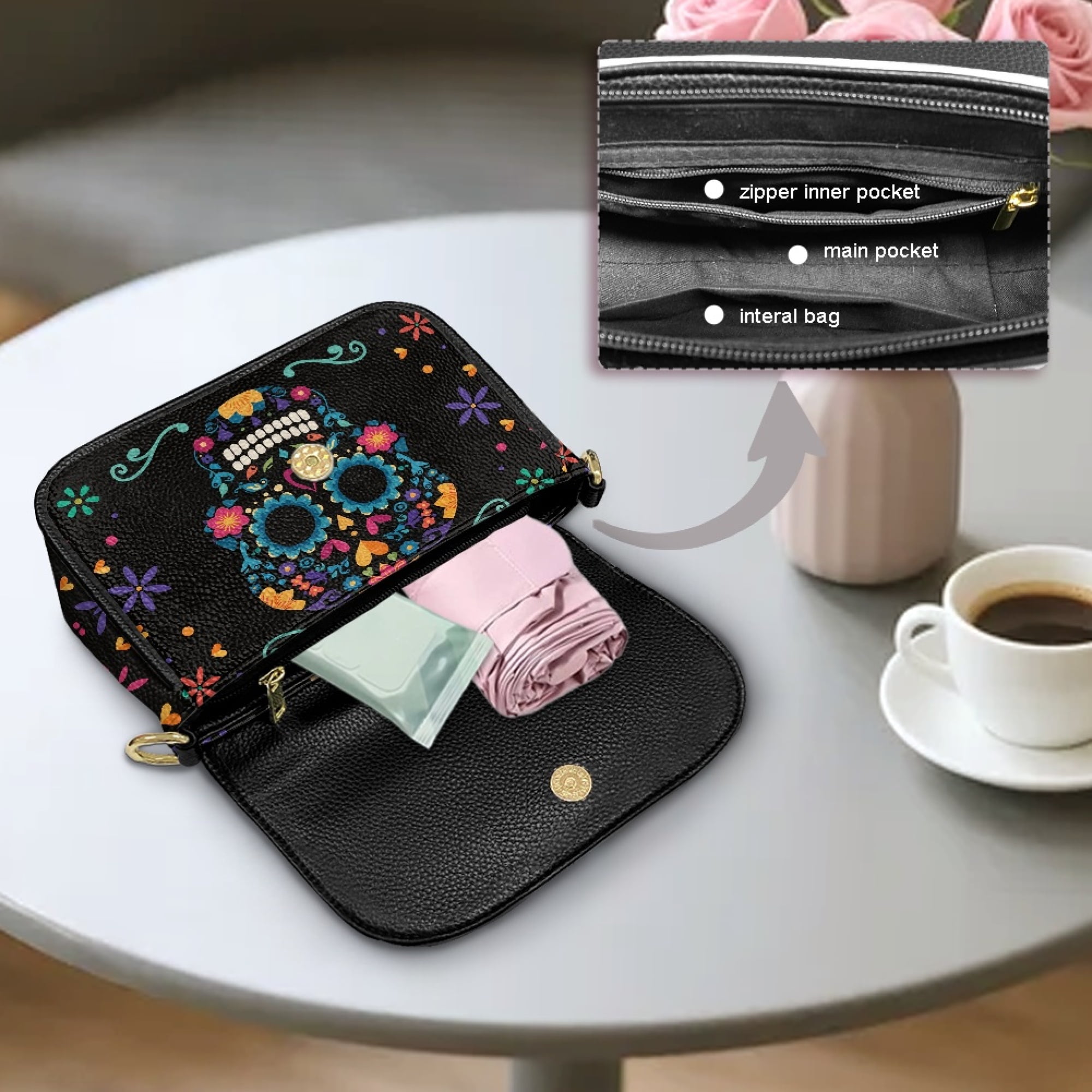 TSOVTHRID Sugar Skull Floral Print Crossbody Purses for Women Trendy, Crossbody Bags, Cell Phone Camera Leather Shoulder Handbags with Magnetic Buckle