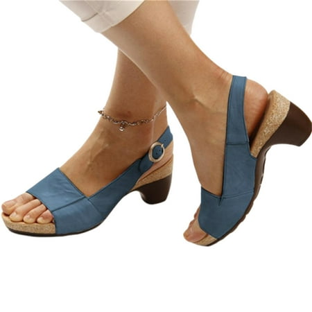 

VeliToy Women s Summer Heeled Sandals Adjustable Heel Strap Peep Toes Slide Shoes(Dark Blue 39)