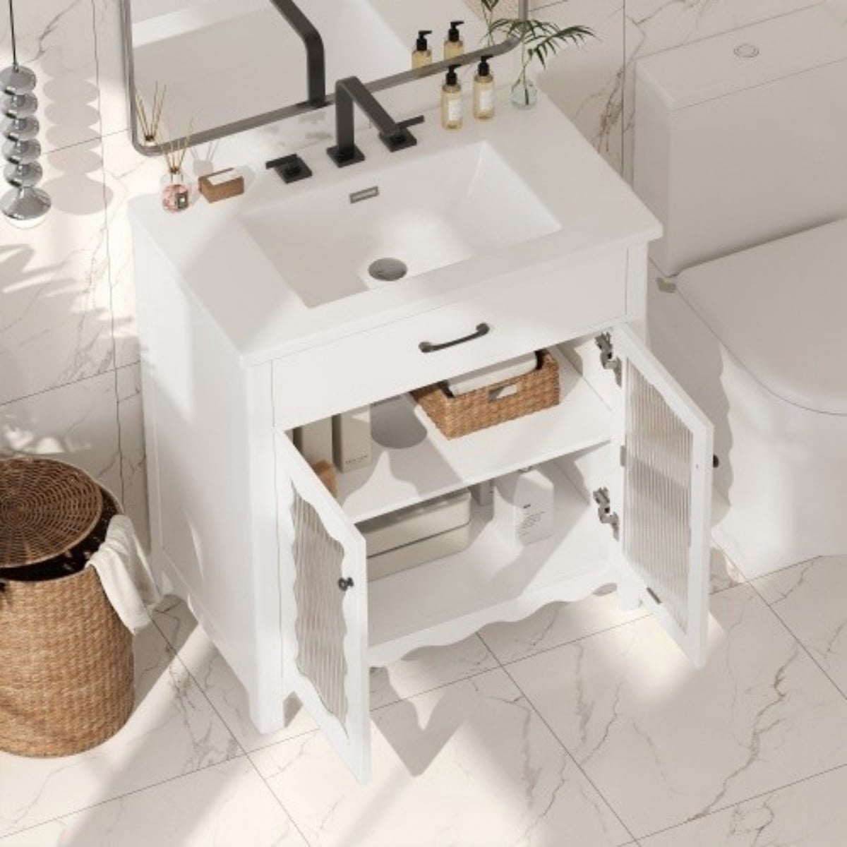 31" Bathroom Vanity with Ceramic Sink, Modern Freestanding Bathroom Cabinet with Tempered Glass Doors, Soft Close Hinges, Rubber Wood Legs, White